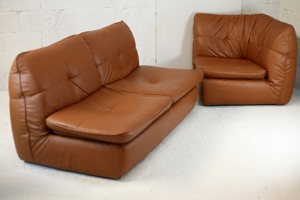 Caramel Faux Leather Convertible Sofa & Corner Chair, France, 1990s, Set of 2-MAO-1313298