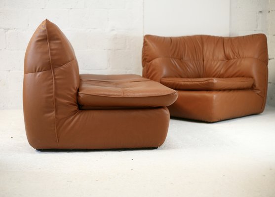 Caramel Faux Leather Convertible Sofa & Corner Chair, France, 1990s, Set of 2-MAO-1313298