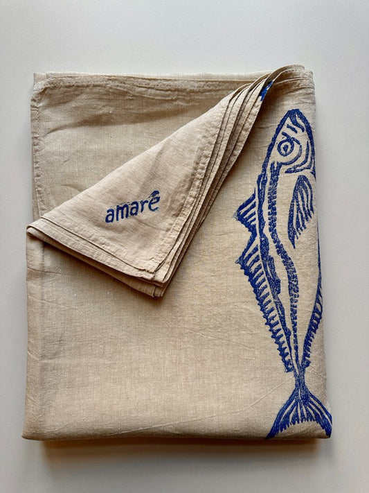 Carapau - Pure Linen Tablecloth Printed with Blue Horse Mackerels in a Random Pattern