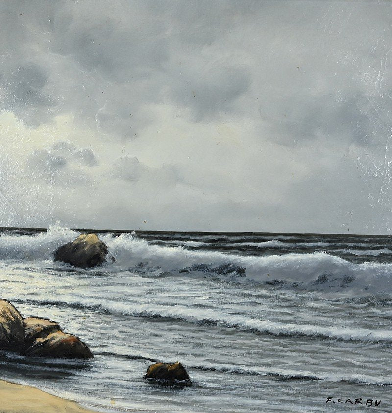 Carbu, Coastal Scene, 1950s, Oil on Canvas, Framed