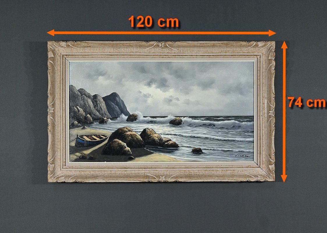 Carbu, Coastal Scene, 1950s, Oil on Canvas, Framed