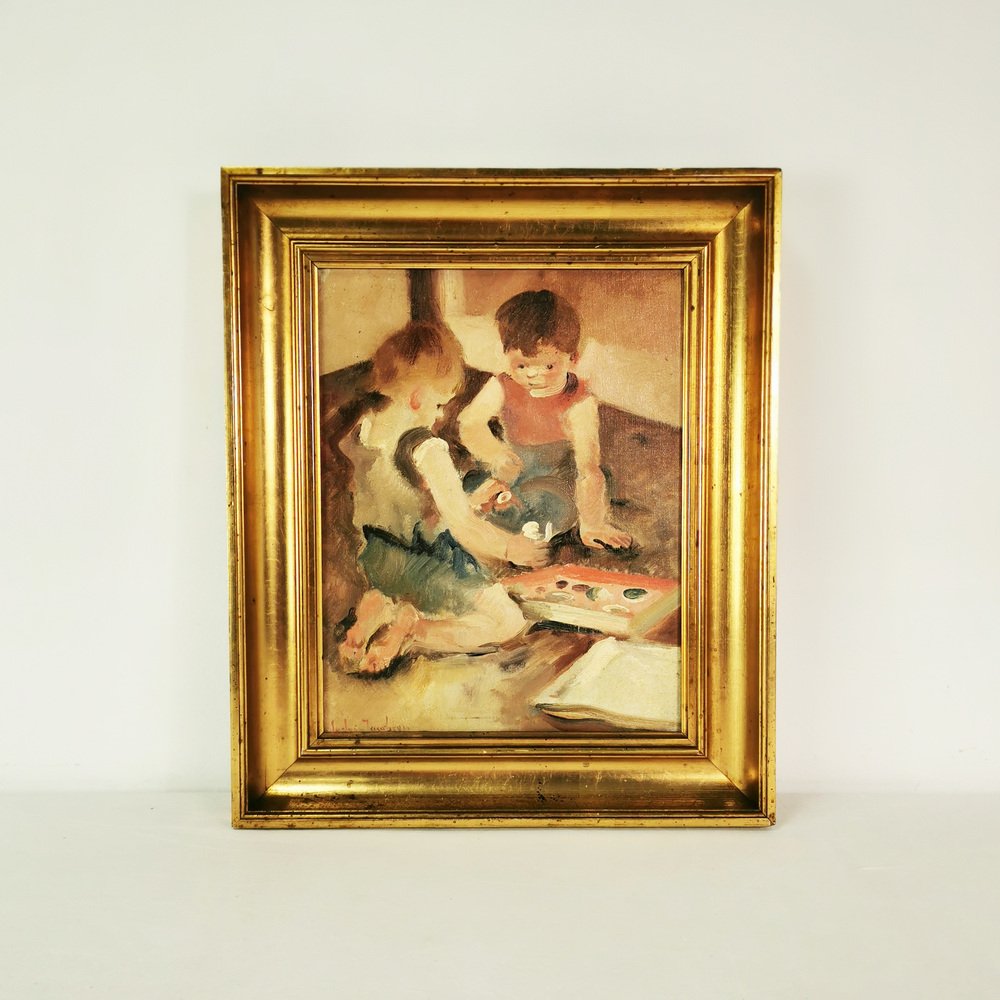 Carl Gustav Ludvig Jacobsen, Scene with Children, 20th Century, Oil on Canvas, Framed