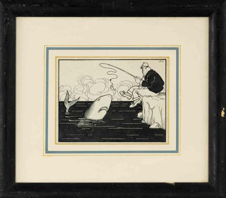 Carlo Rivalta, Fisherman, China Ink Drawing, Early 20th Century, Framed-ZCI-1403362