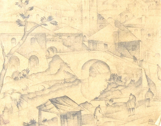 Carmelo Borg Pisani, Futurist City, Pencil Drawing, Early 20th Century