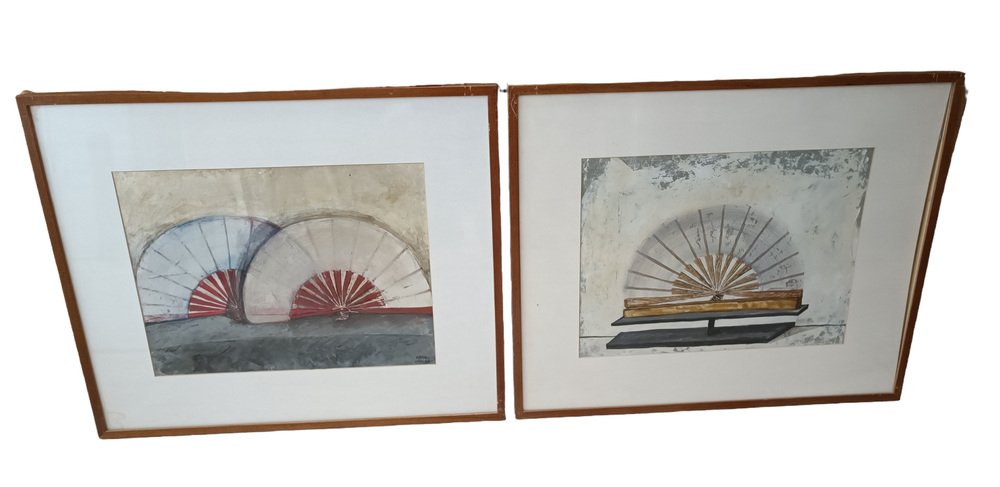 Carmen Grau, Fans, 1990s, Pastel Drawings, Framed, Set of 2