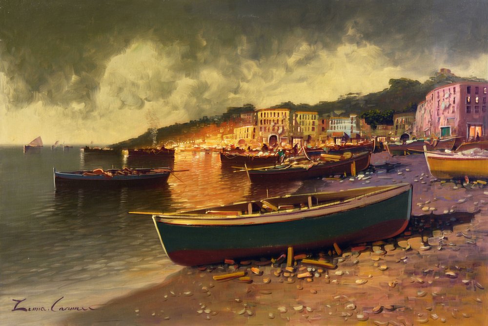 Carmine Zenna, Coastal Evening Scene in Naples, Oil on Canvas, 1980s