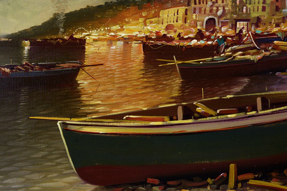 Carmine Zenna, Coastal Evening Scene in Naples, Oil on Canvas, 1980s