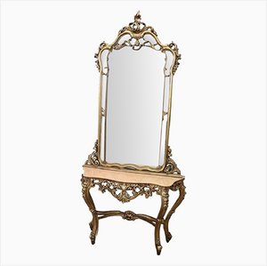 Carved and Gilded Wood Console Table with Mirror, 1930s-DCO-1334649