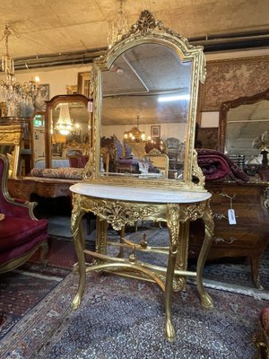 Carved Gilt Wood Marble Top Console Table with Mirror-NSG-1717785