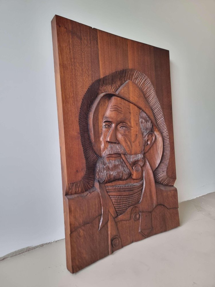 Carved Oak Wall Hanging Piece of Man with Pipe