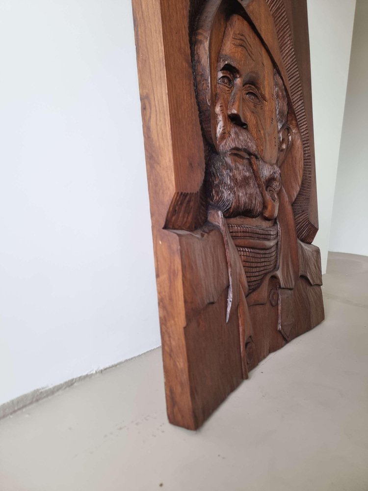 Carved Oak Wall Hanging Piece of Man with Pipe