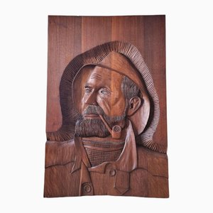 Carved Oak Wall Hanging Piece of Man with Pipe-GNW-1739272