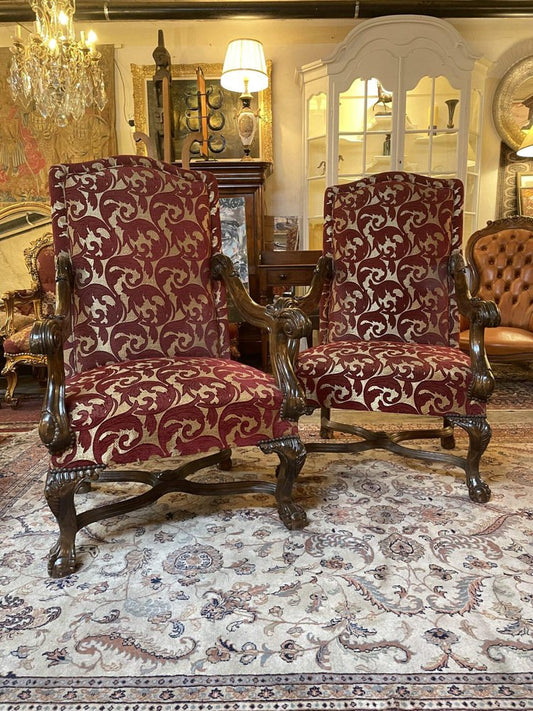 Carved Upholstered High Back Chairs, Set of 2