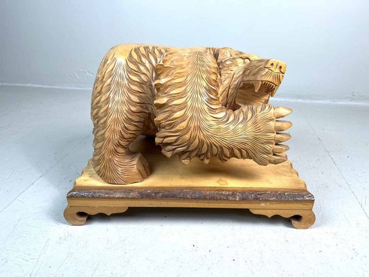 Carved Wood Kibori Kuma Bear on Table Stand, Japan, 1990s-DWL-1413855