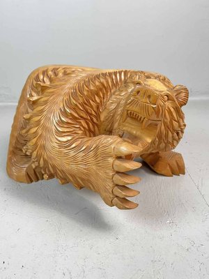 Carved Wood Kibori Kuma Bear on Table Stand, Japan, 1990s-DWL-1413855