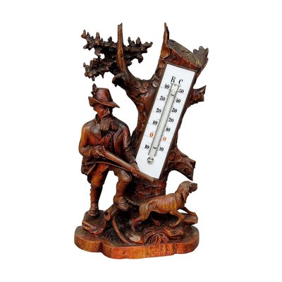 Carved Wood Thermometer Stand Hunter and Staghound, 1910s-KJP-1149436