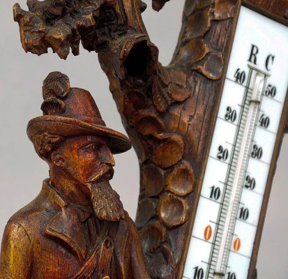 Carved Wood Thermometer Stand Hunter and Staghound, 1910s-KJP-1149436