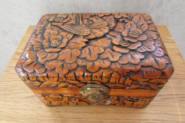 Carved Wooden Box Birds & Flowers, Asia, 1940s-RDN-2028285