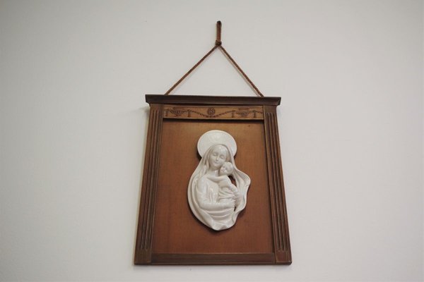 Carved Wooden Frame with Ceramic Representation of Madonna, 1950s-KNM-908847