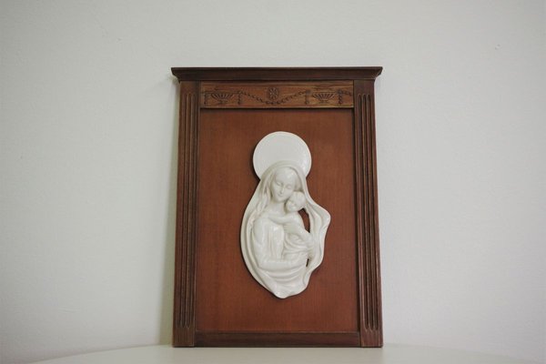 Carved Wooden Frame with Ceramic Representation of Madonna, 1950s-KNM-908847