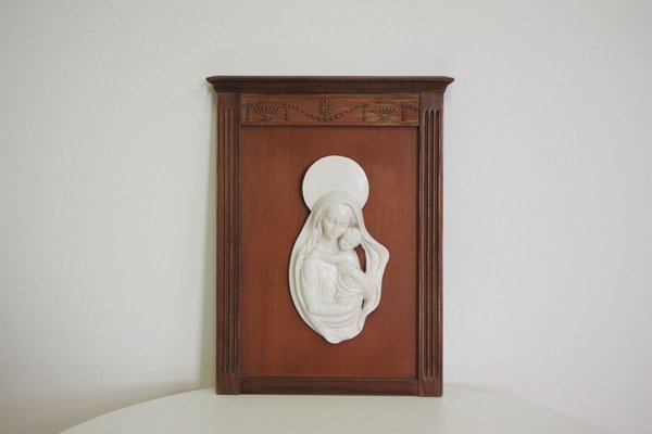 Carved Wooden Frame with Ceramic Representation of Madonna, 1950s-KNM-908847