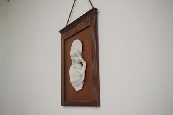 Carved Wooden Frame with Ceramic Representation of Madonna, 1950s-KNM-908847