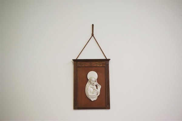 Carved Wooden Frame with Ceramic Representation of Madonna, 1950s-KNM-908847