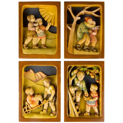 Carved Wooden Pictures Depicting the Four Seasons, Set of 4-KEG-1086462