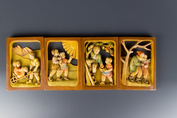 Carved Wooden Pictures Depicting the Four Seasons, Set of 4-KEG-1086462