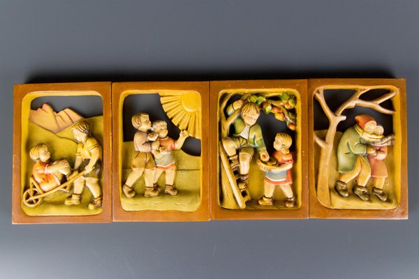 Carved Wooden Pictures Depicting the Four Seasons, Set of 4-KEG-1086462