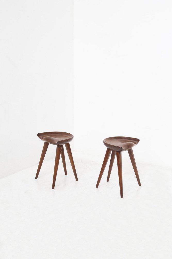 Carved Wooden Stools by Mogens Lassen, 1960s, Set of 2