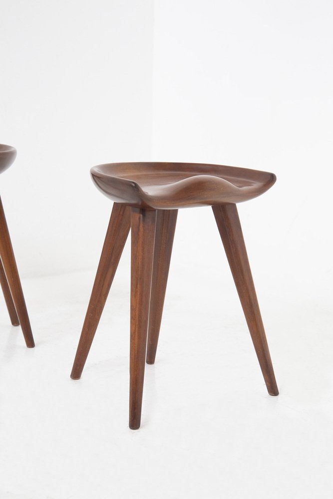 Carved Wooden Stools by Mogens Lassen, 1960s, Set of 2