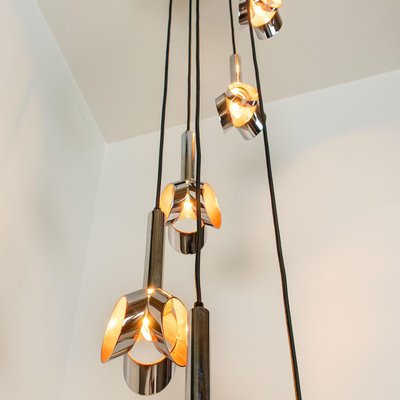 Cascade Fixture with Six Chrome and Orange Pendants in Raak Style, 1970s-VDW-1059460