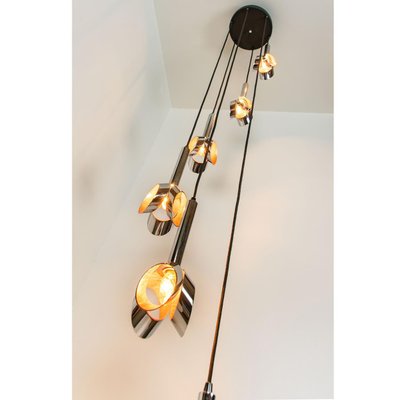 Cascade Fixture with Six Chrome and Orange Pendants in Raak Style, 1970s-VDW-1059460