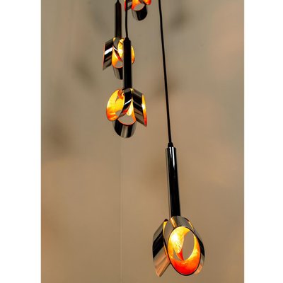 Cascade Fixture with Six Chrome and Orange Pendants in Raak Style, 1970s-VDW-1059460