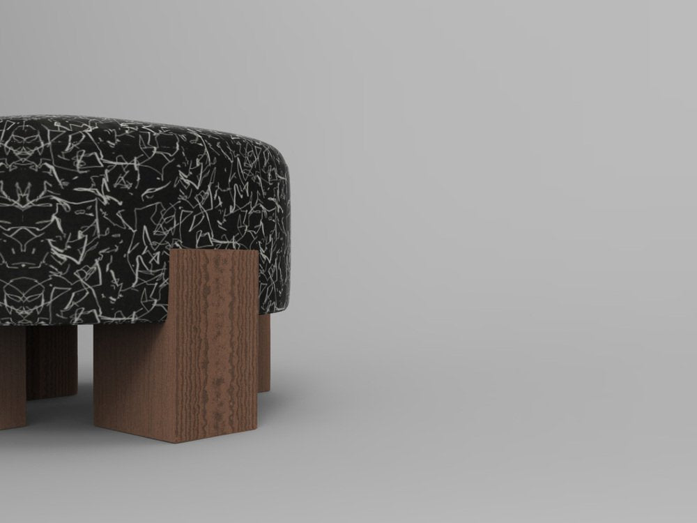 Cassette Pouf in Kirkby Design Scribble Noir Fabric and Smoked Oak by Alter Ego for Collector