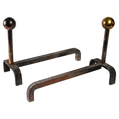 Cast Iron and Brass Chenets, 1960s, Set of 2-WFS-1399465