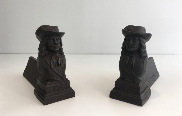 Cast Iron Musketeers Andirons, France, 1950s, Set of 2-BA-658362