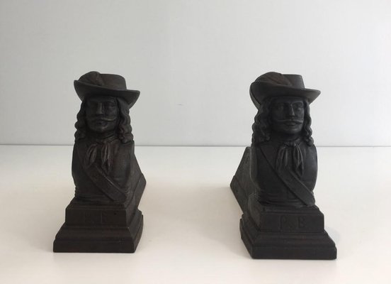 Cast Iron Musketeers Andirons, France, 1950s, Set of 2-BA-658362