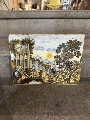 Castelli Majolica Tile Depicting a River Landscape with Architectural Ruins, Boats and Figures in the Foreground, 1970s-UAI-2028863