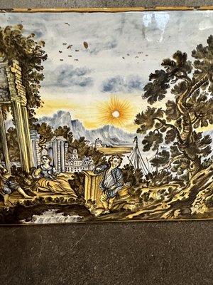 Castelli Majolica Tile Depicting a River Landscape with Architectural Ruins, Boats and Figures in the Foreground, 1970s-UAI-2028863