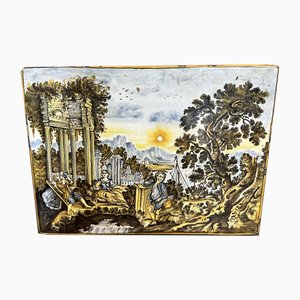 Castelli Majolica Tile Depicting a River Landscape with Architectural Ruins, Boats and Figures in the Foreground, 1970s-UAI-2028863