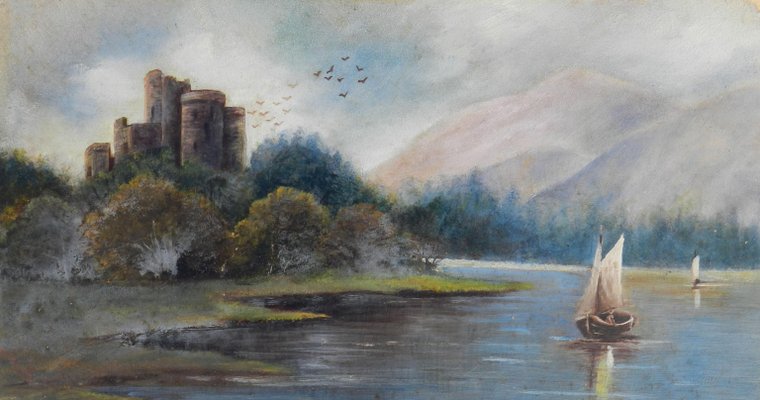 Castle Lake View, Watercolor Painting, Early 20th-Century-ARU-860984