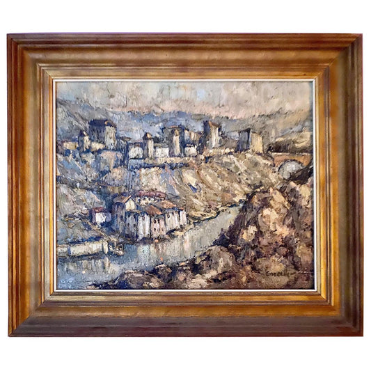 Castle with Village, Spain, 1950, Canvas, Framed