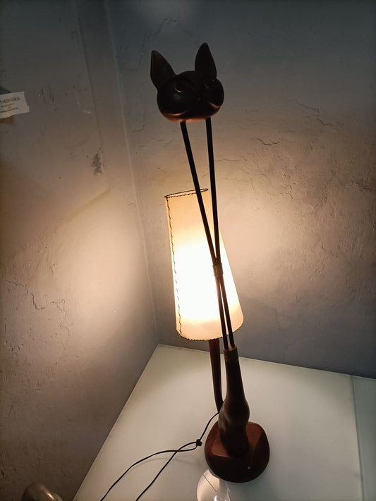 Cat Floor Lamp in Wood, Iron and Brass with Parchment Lampshade, 1950s