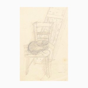 Cat on the Chair - Original Pencil on Paper by Jeanne Daour - 1944 1944-ZCI-777616