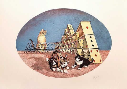 Cats Playing - Original Lithograph by G. Giuggioli - 1980 1980