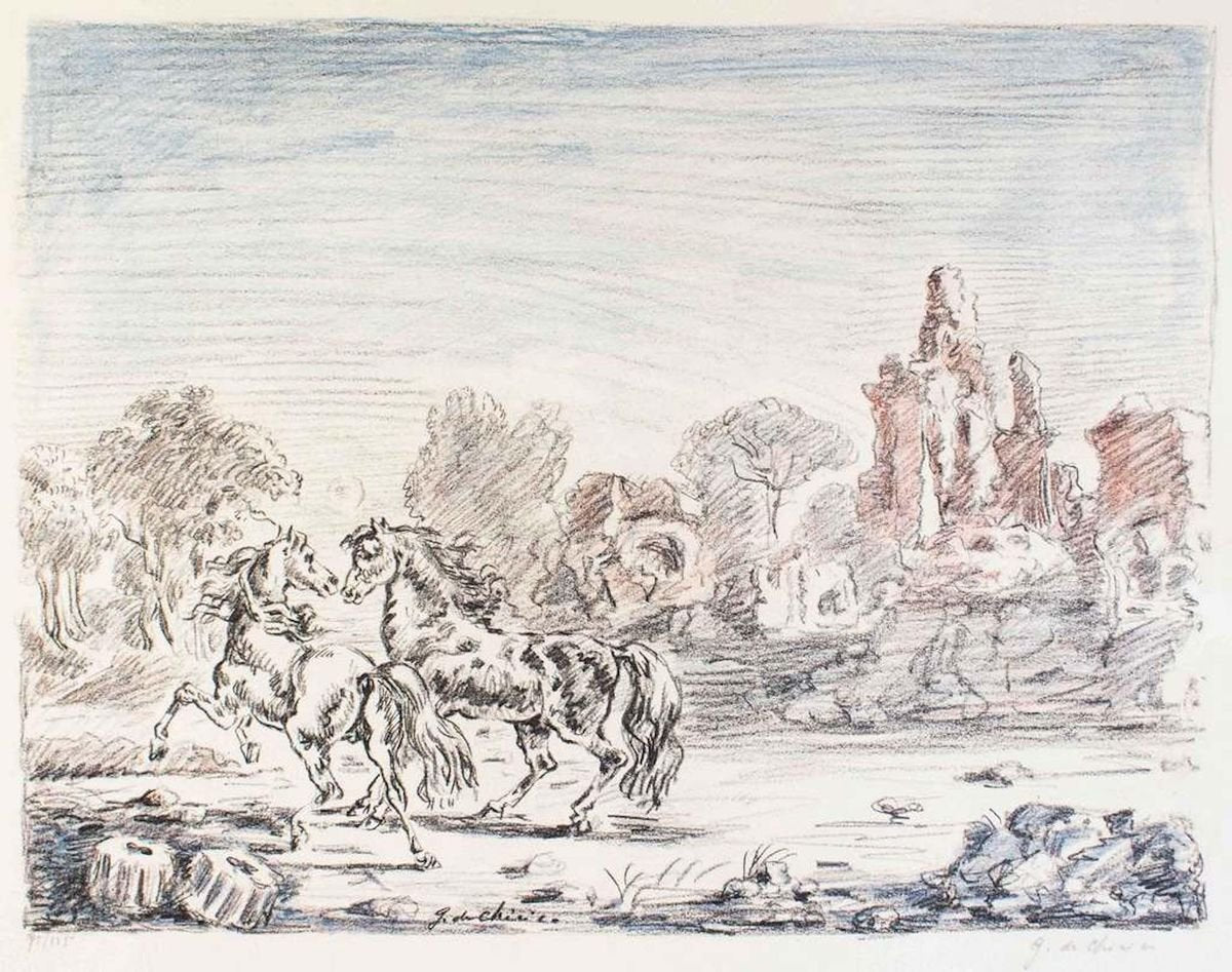 Cavalli e Rovine (Horses and Ruins) - Original Lithograph by Giorgio De Chirico 1954