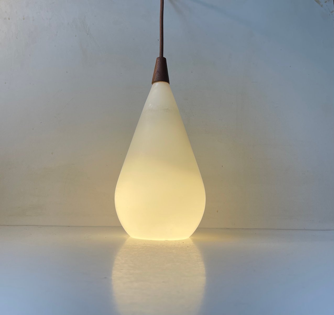 Ceiling Lamp in Opaline Glass and Teak by Uno & Östen Kristiansson for Luxus, 1960s