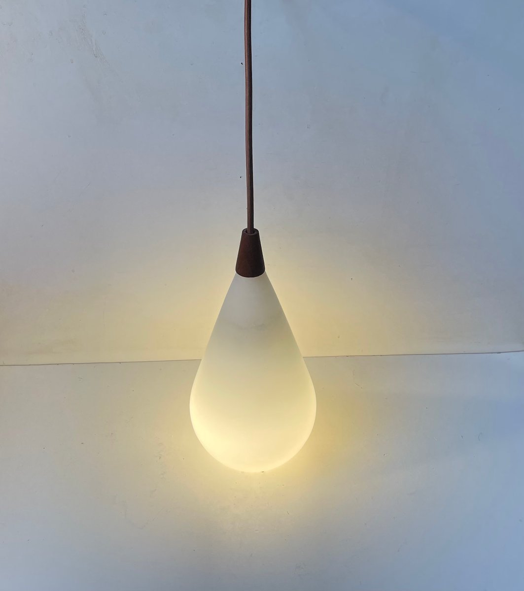 Ceiling Lamp in Opaline Glass and Teak by Uno & Östen Kristiansson for Luxus, 1960s